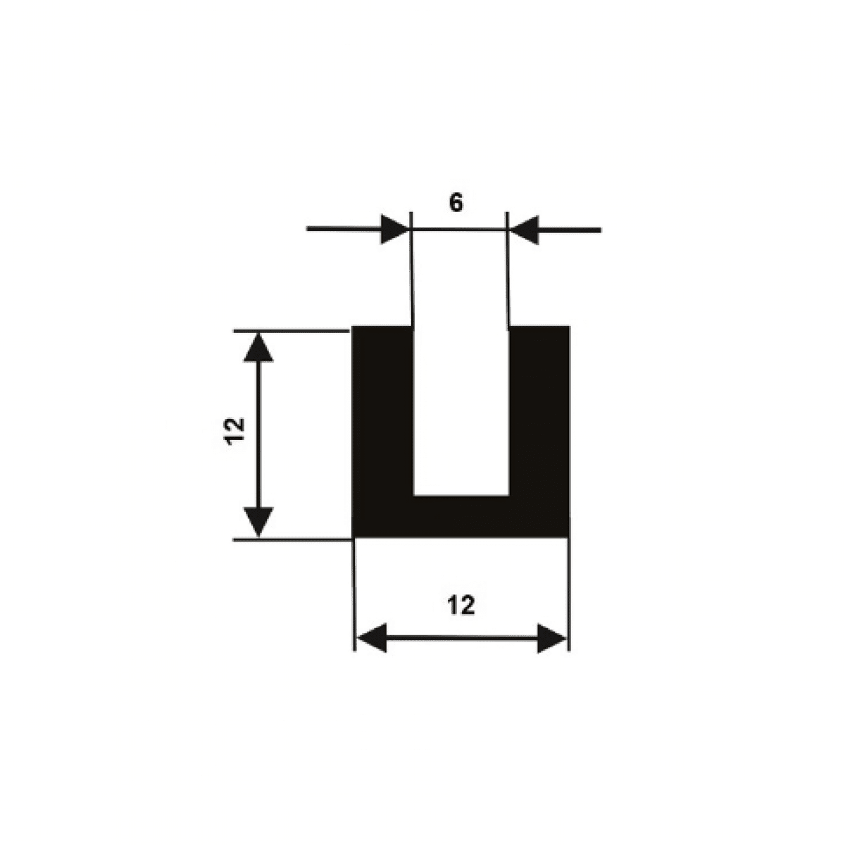 Profil gumový, 12x12/6mm, tvar "U" 60°Sh, EPDM, čierny 00535004
