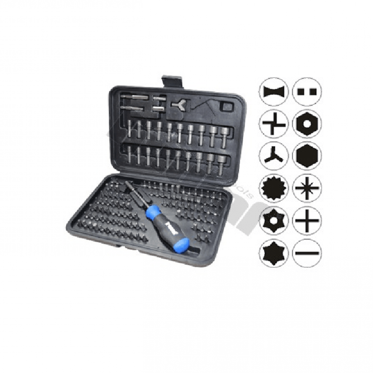 Sada 1/4" bitov, hlavíc, adaptérov+skrutkovač, 122d. 13889